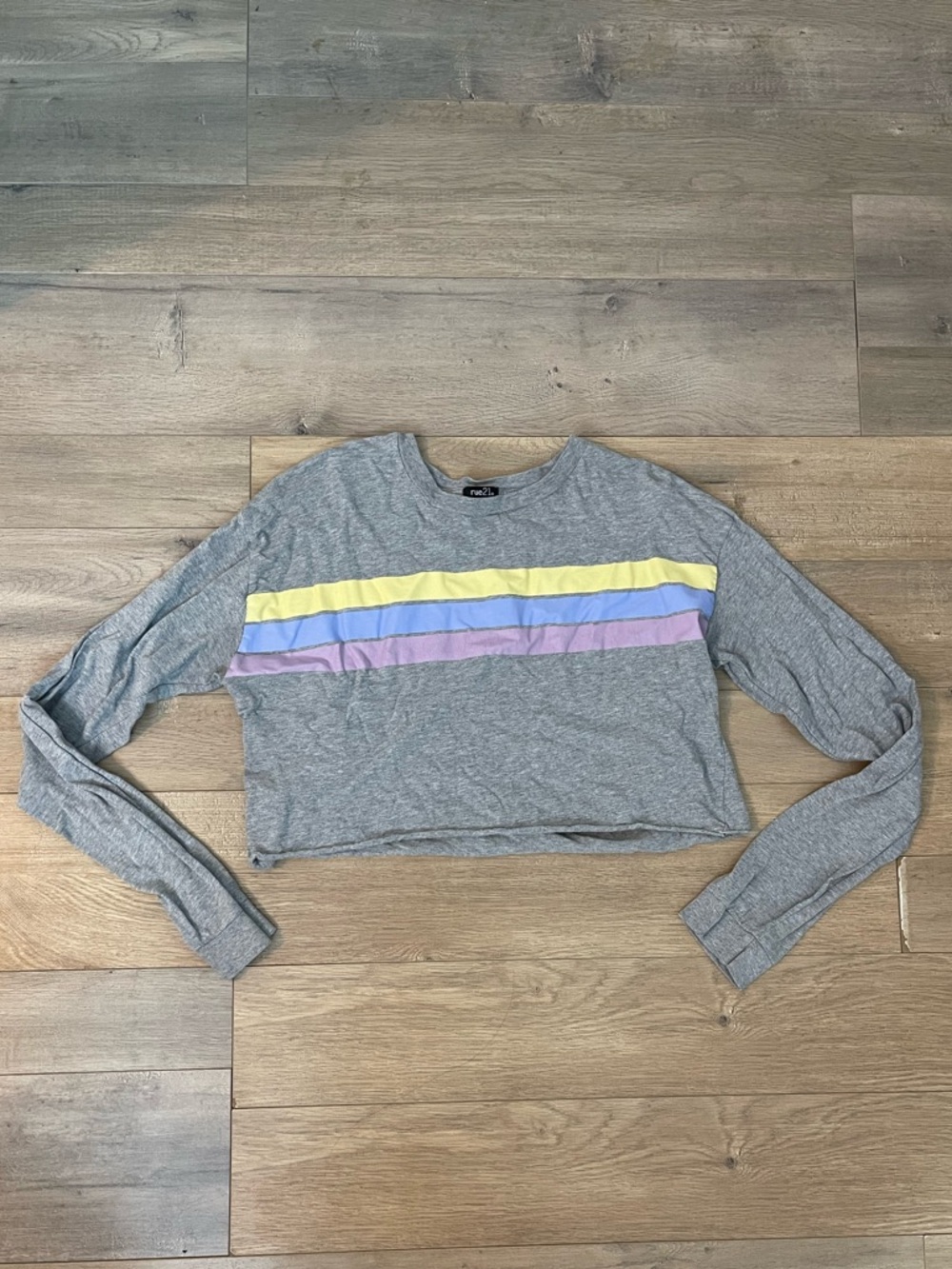 Grey Cropped Top with Yellow and Lavender Stripes